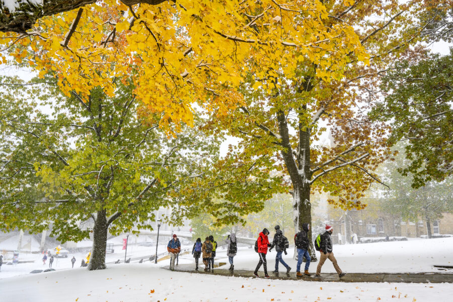 students walking in the snow