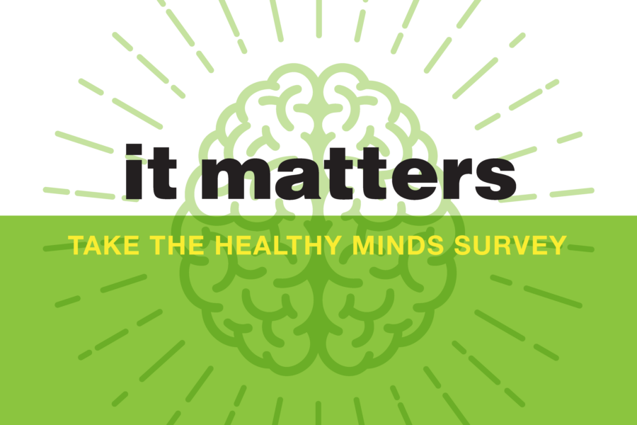 A green and white illustration of a brain with the text: "It matters. Take the Healthy Minds Survey."