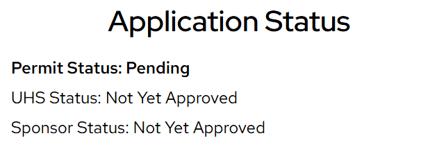 Application status message showing that an application is pending and not yet approved