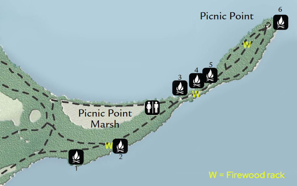 Map of picnic point with pinned locations of the firepits and bathroom.