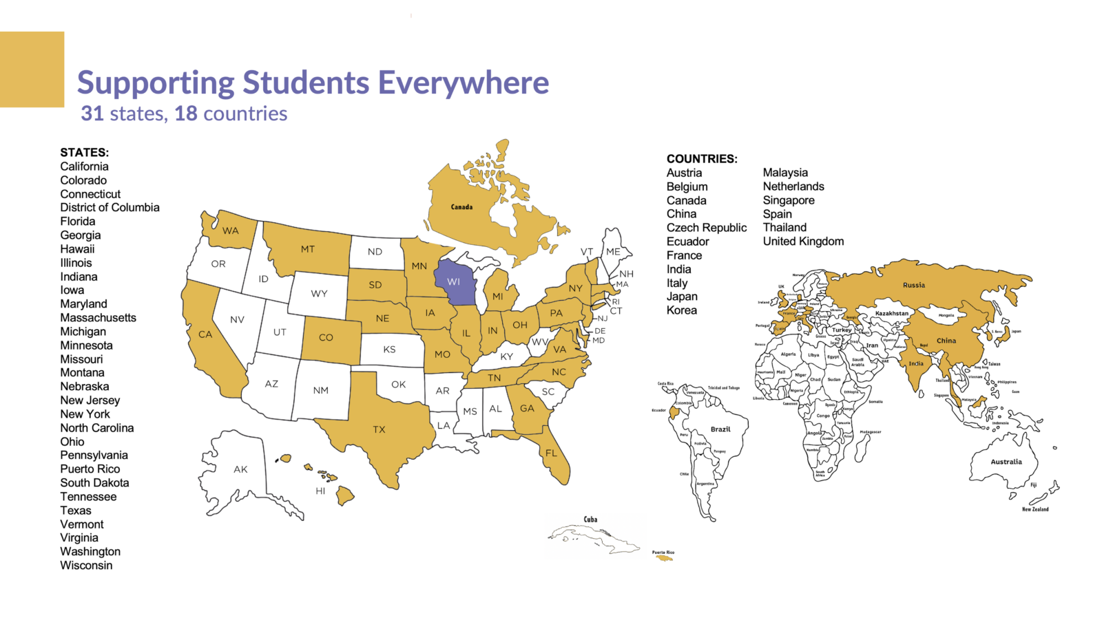 Map depicting the 31 states and 18 countries that Uwill has helped UW-Madison students.