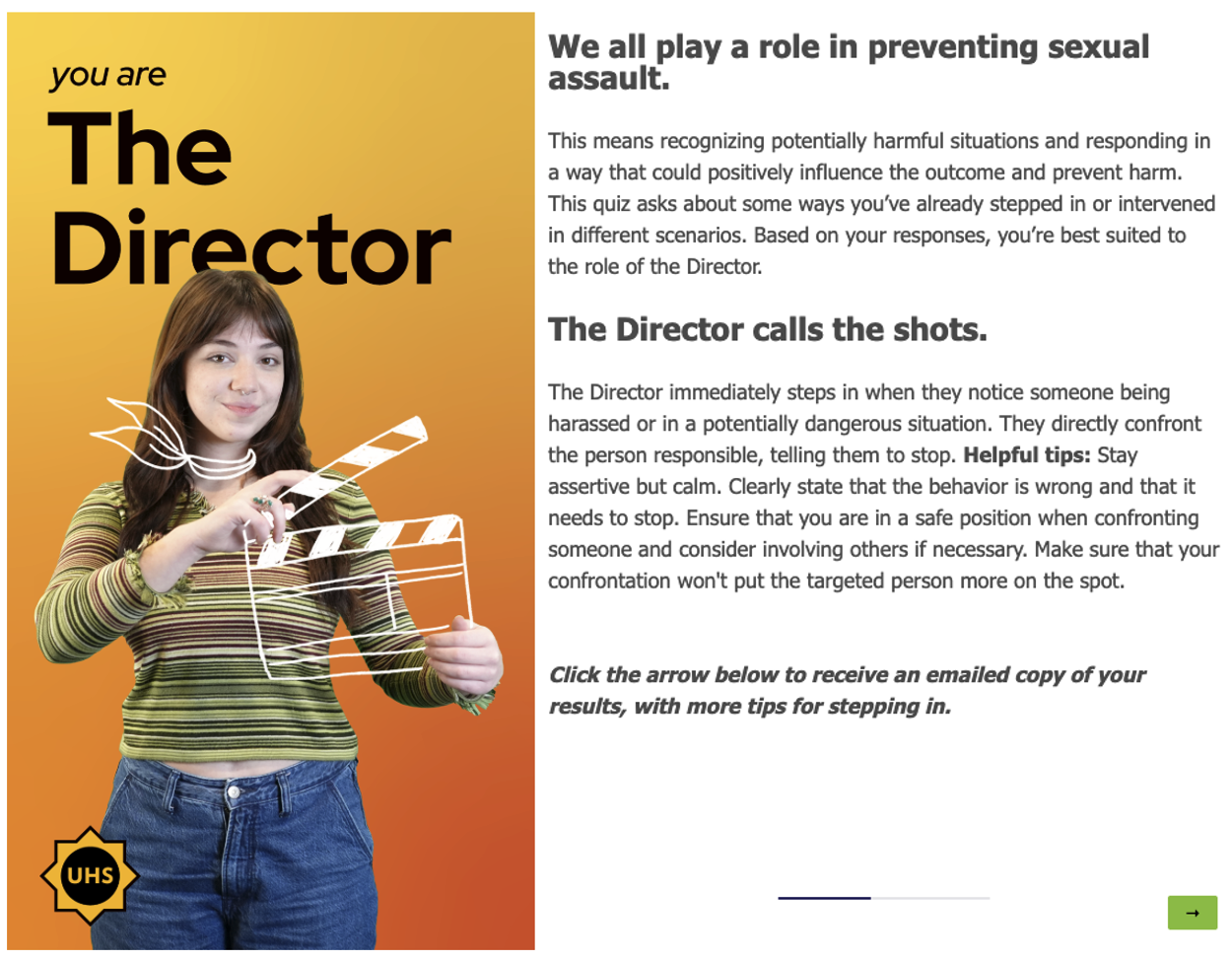 Screenshot from Find Your Role Quiz, showing "the director" character.