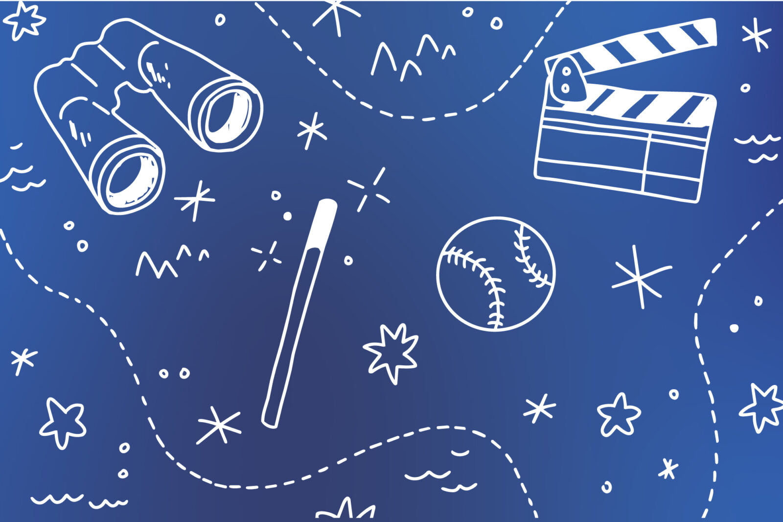 Illustration of a movie clipboard, binoculars, baseball, and magic wand on a blue background
